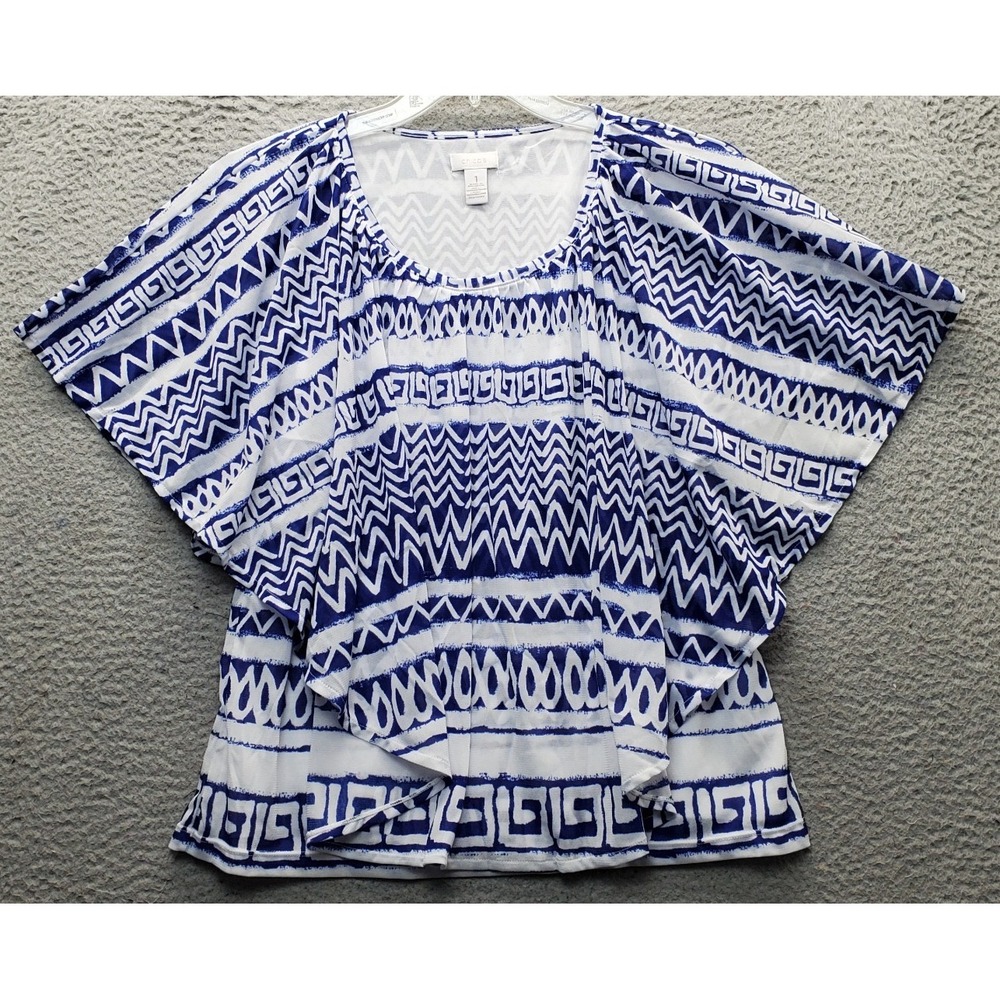 Chico's Poncho Blouse Top Women M Multi Geometric Mesh Lined Round Neck Pullover
